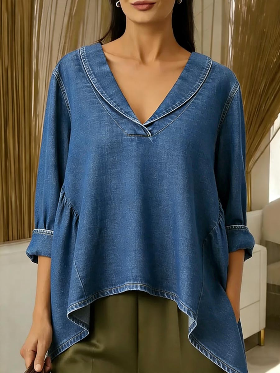 Women's V-neck 3/4 Sleeve Casual Loose Denim Top