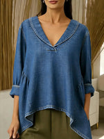 Women's V-neck 3/4 Sleeve Casual Loose Denim Top