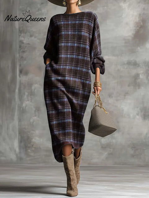 Women's Plaid Print Round Neck Long-sleeved Casual Loose Long Knit Dress
