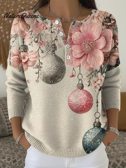 Women's Christmas Bauble Flowers Casual Printed Sweater