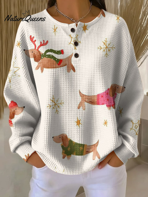 Women's Christmas Dachshund Pattern Art Print Casual Cotton Shirt