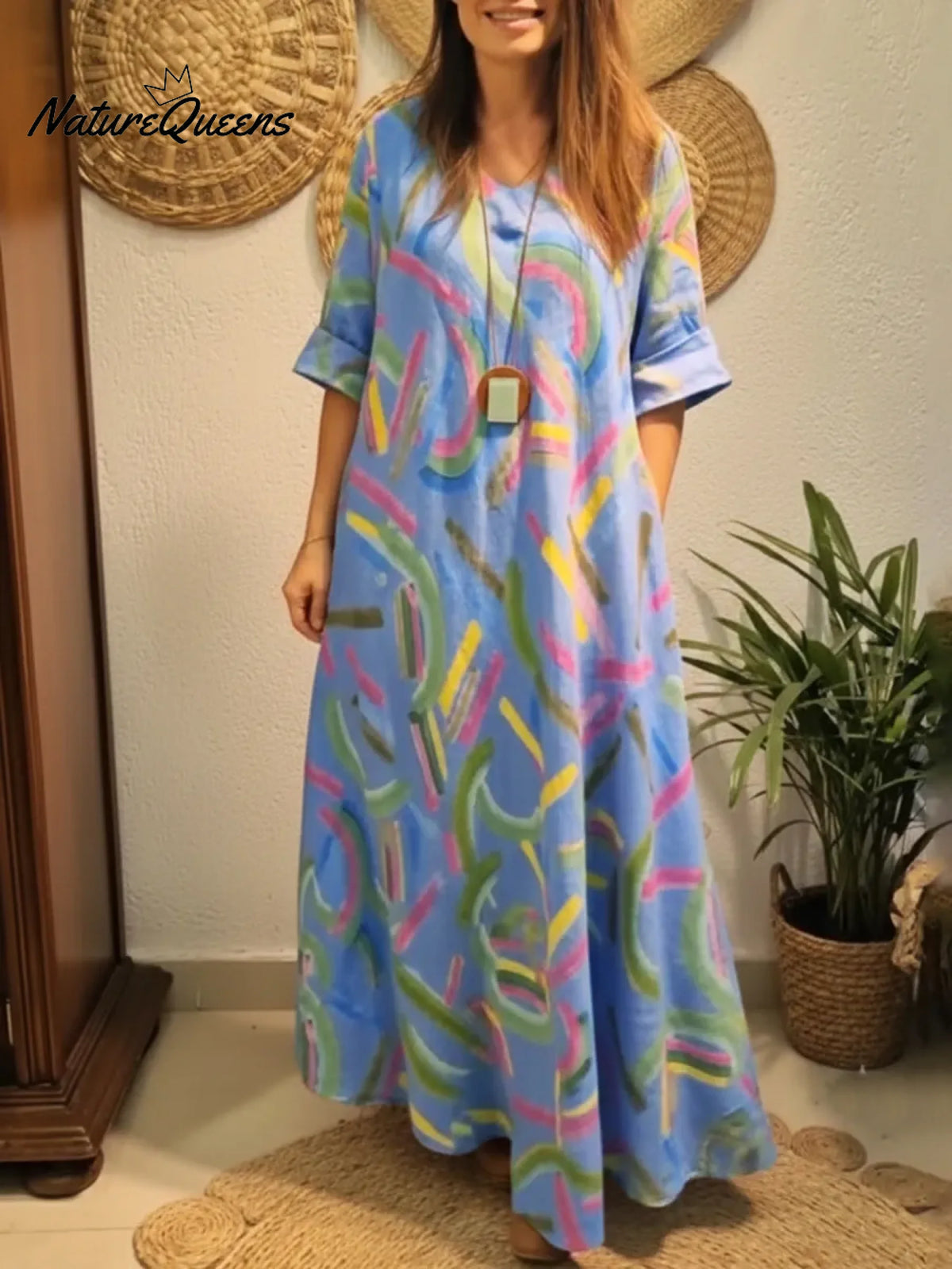 Artistic Colorful Brushstroke Print Loose Linen Dress