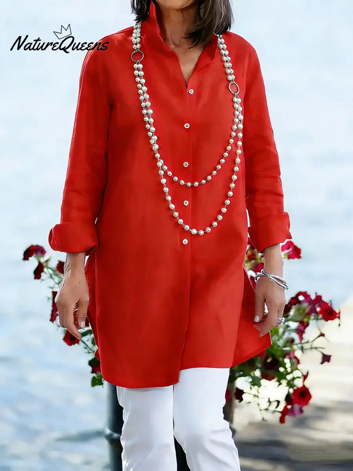 Women's Solid Color Lapel Long-sleeved Casual Loose Cotton And Linen Tunic Top