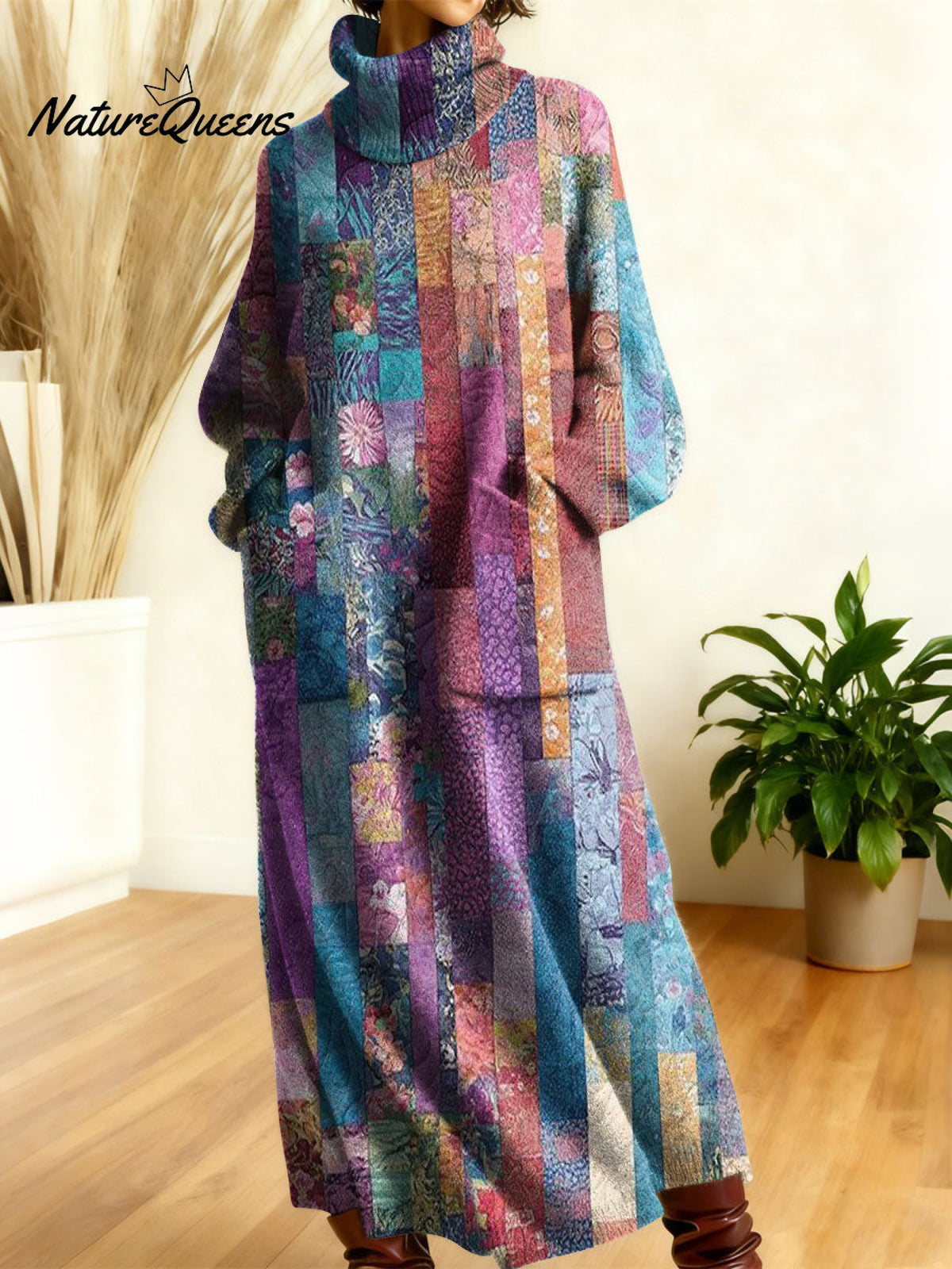 Women's Geometry Color Stripe Gradient Art High-neck Long-sleeve Casual Loose Knit Dress