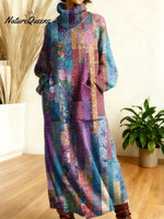 Women's Geometry Color Stripe Gradient Art High-neck Long-sleeve Casual Loose Knit Dress