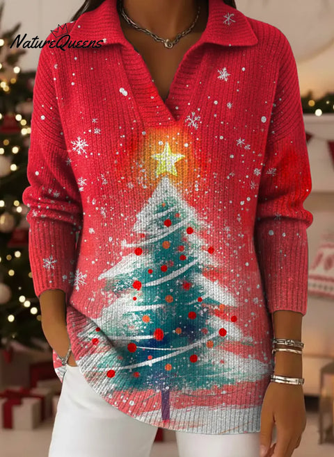 Women's Christmas Tree Art Print Casual Cotton Sweater
