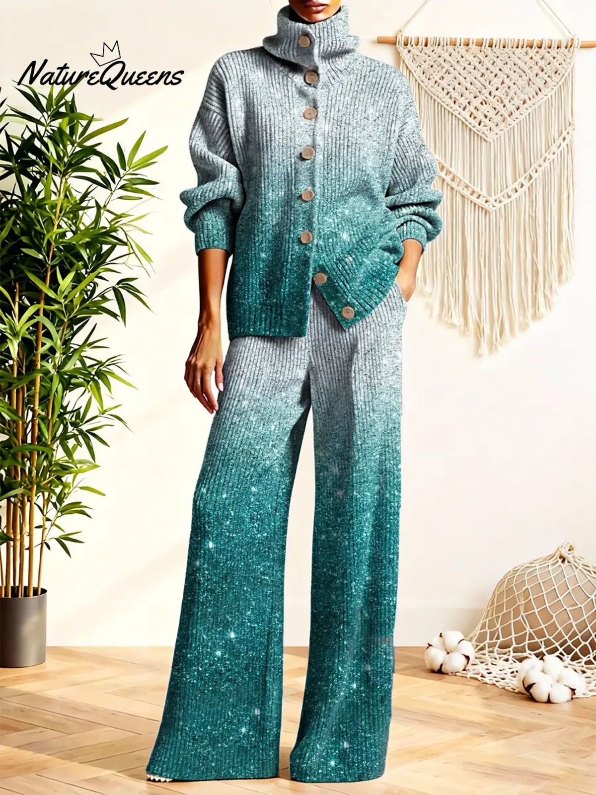 Women's Retro GradientPattern Art Print Casual Cotton Knitted Suits