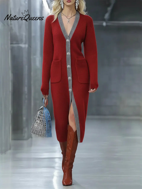 Women's Color-blocked Long Cardigan Sweater Dress