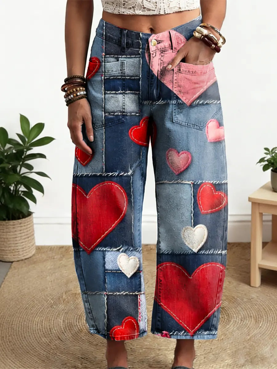 Women's Love Hearts Pattern Art Print Casual Cotton Denim Pants