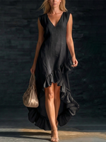 Romantic V-neck Ruffled Hem Linen-cotton Maxi Dress