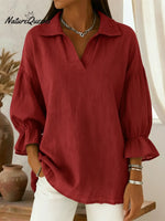 Retro Cozy Polo Collar Lantern Sleeve Linen Shirt Top