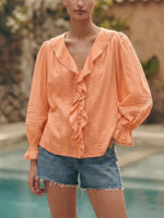 Bohemian Frill Front Button Down Shirt, Puff Sleeve Hollow Out Eyelet Peasant Blouse For Vacation Daily Wear