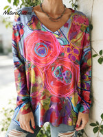 Women's Lovely Floral Flowers Pattern Art Print V-neck Casual Cotton T-shirt