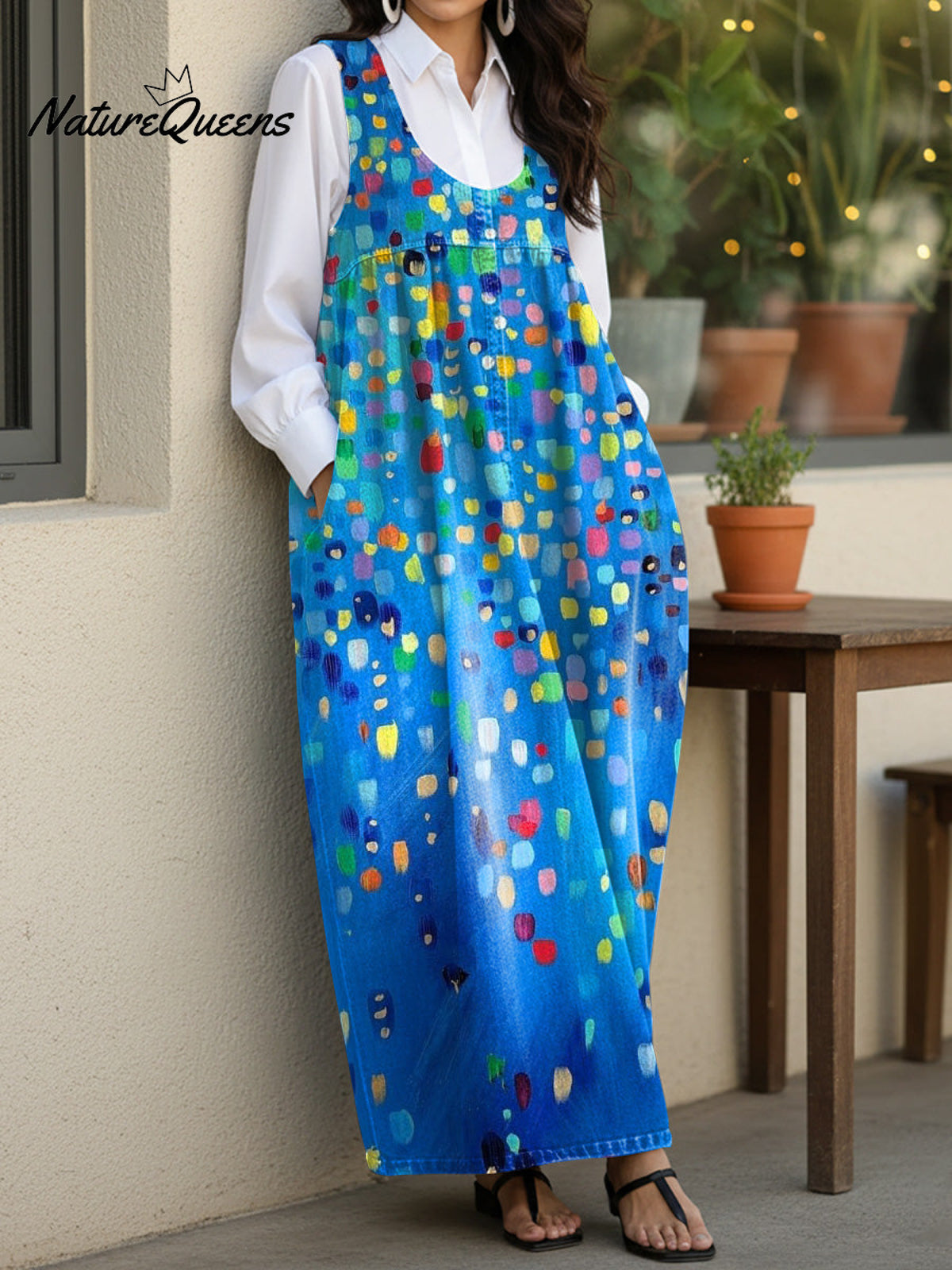 Women's Colorful Dots Casual Loose Denim Vest Dress