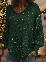Christmas Sparkling Cozy V-neck Lantern Sleeve Knit Sweater