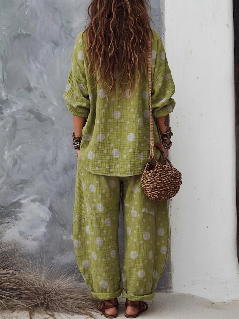 Loose-fit Casual Polka-dot Print Linen And Cotton Shirt And Pants Two-piece Set