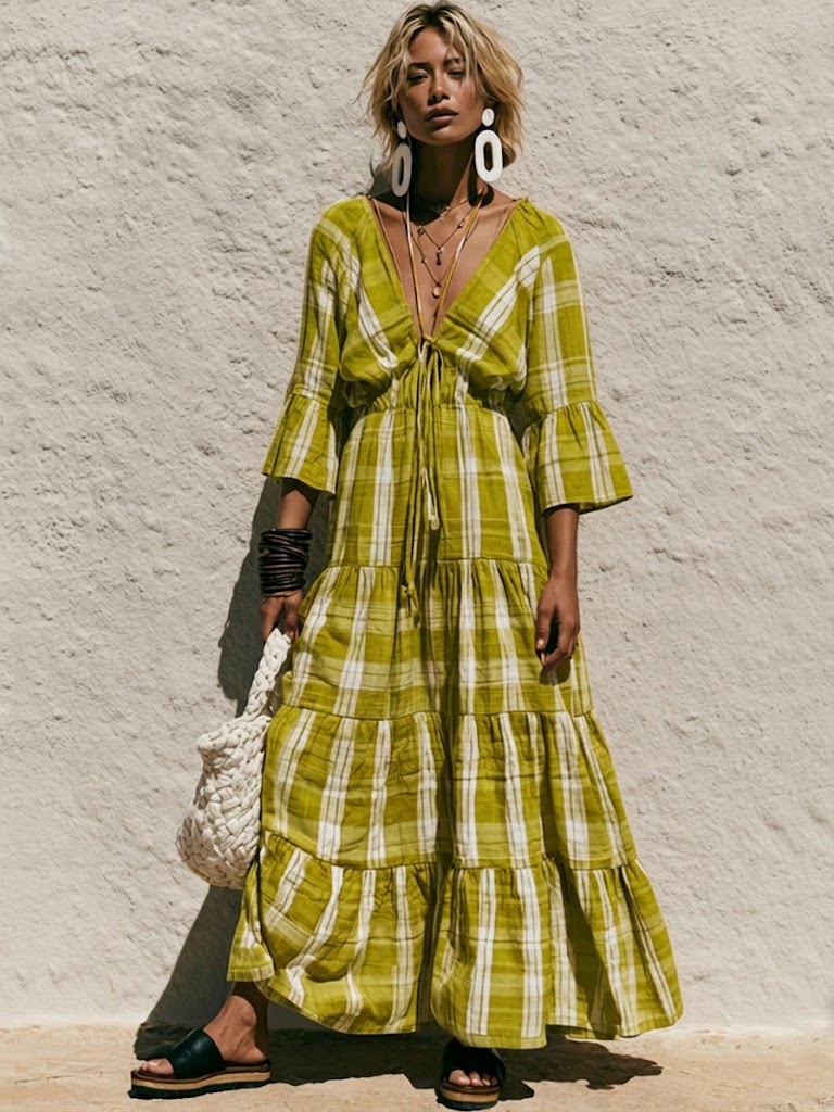 Casual Linen And Cotton V-neck Plaid Dress