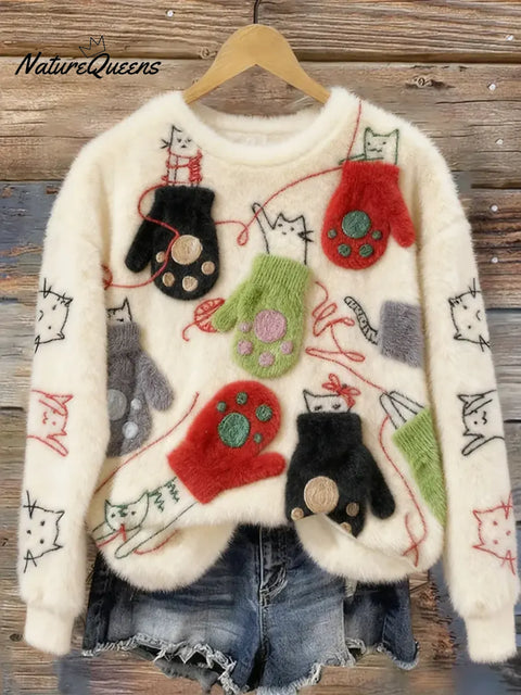 Women's Funny Cats Pattern Art Print Casual Velvet Sweatshirt