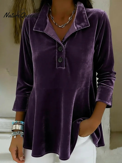 Elegant Stand-collar Button-up Velvet Top