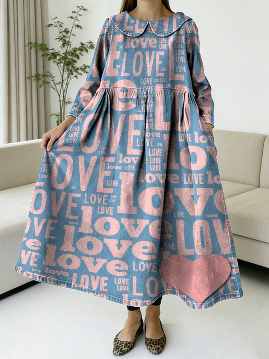 Valentine's Day LOVE Decoration Patterns Women's Casual Peter Pan Collar Long Sleeve Dress