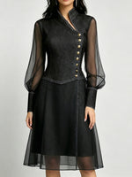 Stylish Stand-collar Organza-paneled Denim Dress