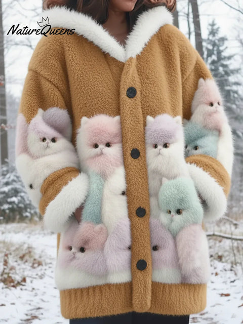 Winter Forest Cute Cat Faux Mink Fleece Button Coat