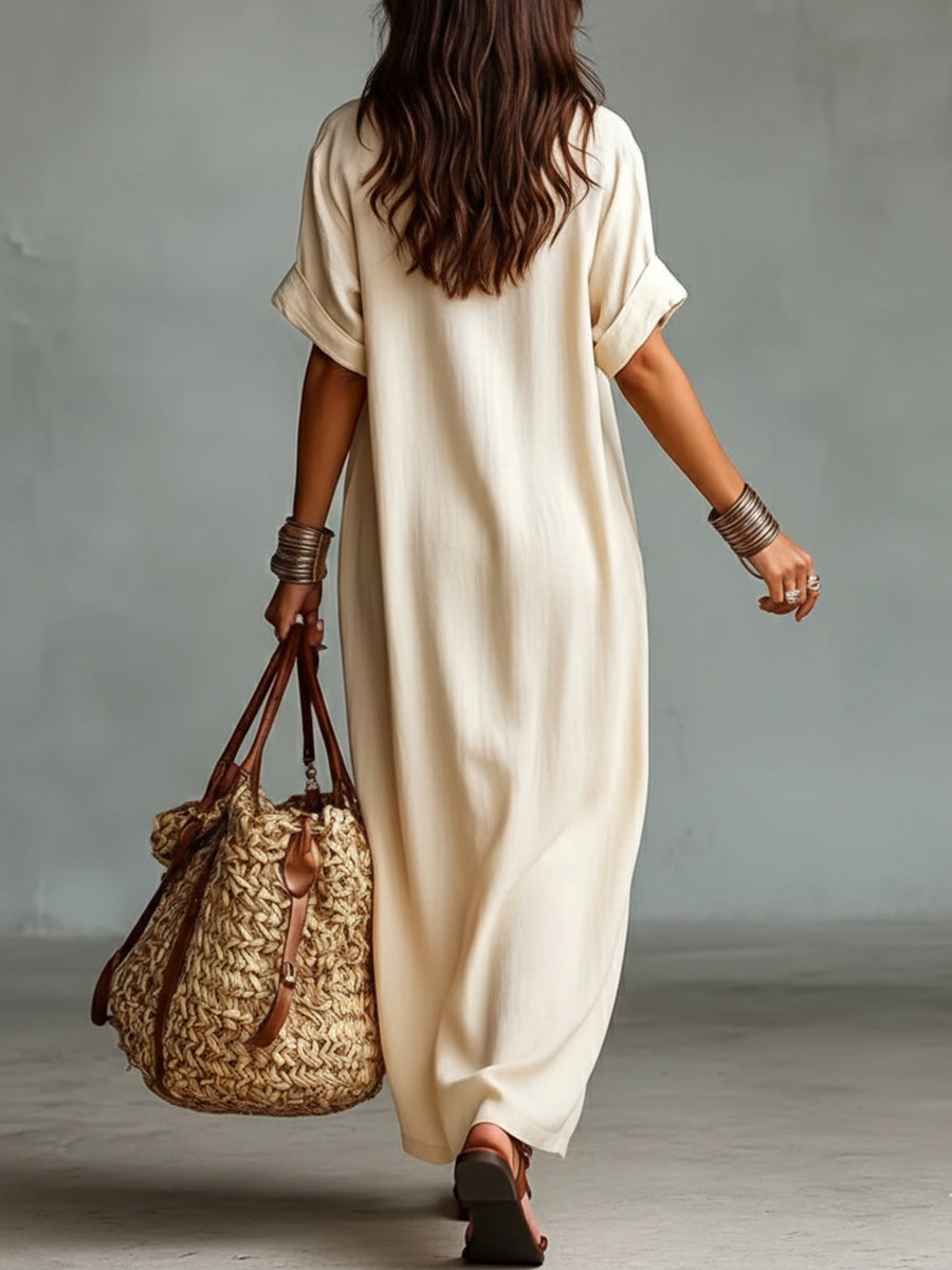 Loose-fitting V-neck Linen And Cotton Dress