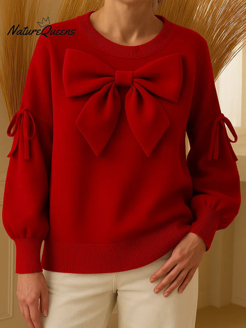 Women's Solid Color Crew Neck Casual Bow Loose Sweatshirt