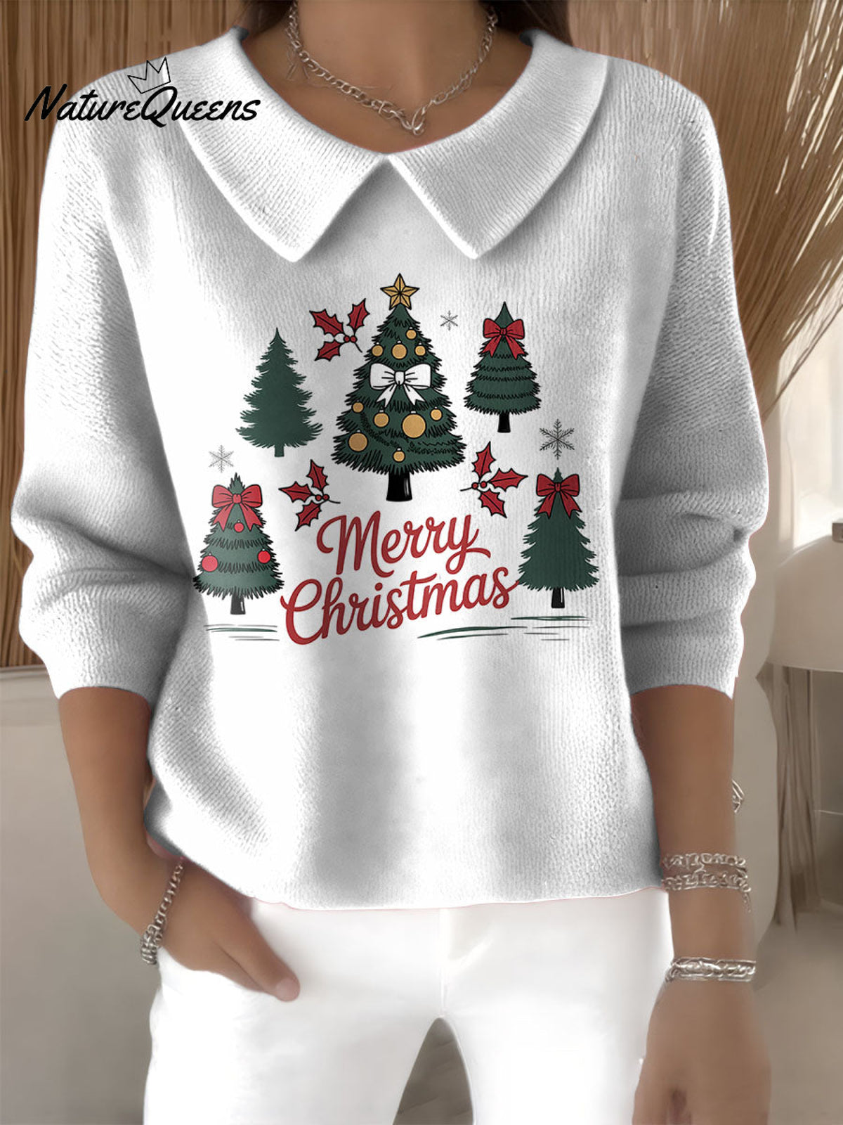 Merry Christmas Decorations Women's Casual Peter Pan Collar 3/4 Sleeve Sweater