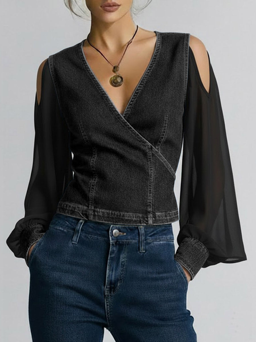 Women's V-neck Long-sleeved Casual Loose Denim Patchwork Top