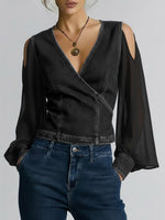 Women's V-neck Long-sleeved Casual Loose Denim Patchwork Top