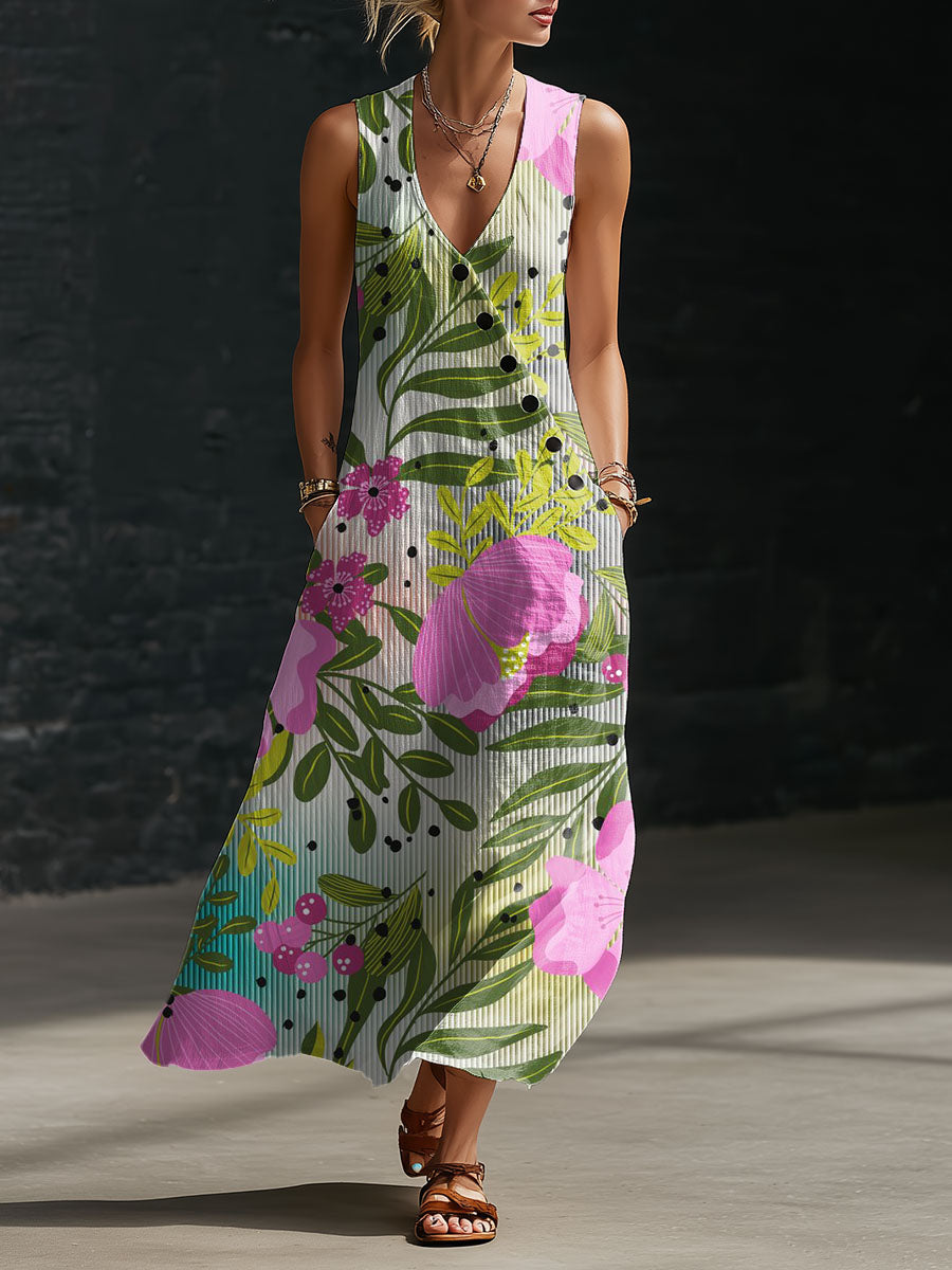 Women's Floral Print Button-down V-neck Casual Dress