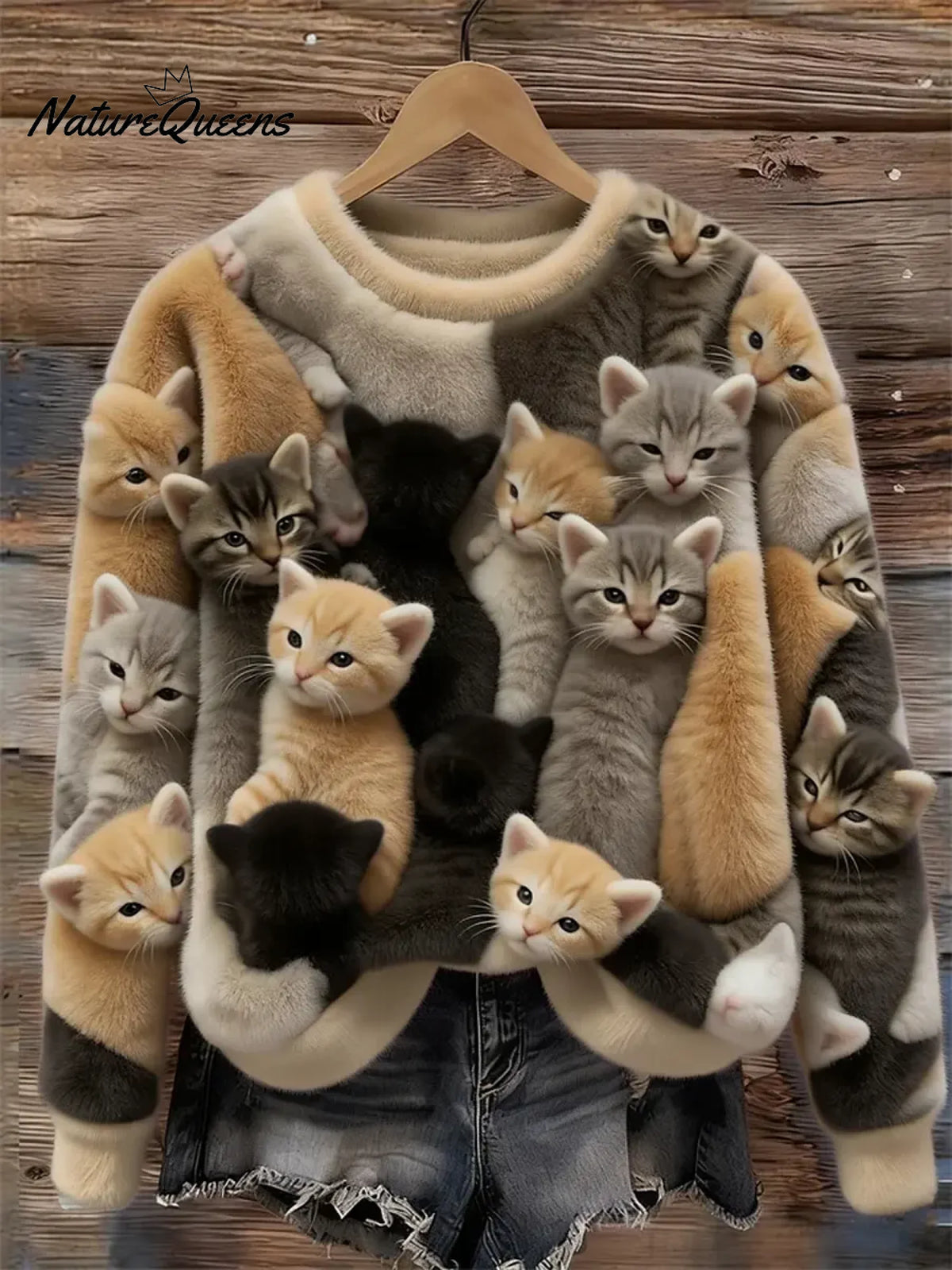 Women's Funny Cats Pattern Art Print Casual Velvet Sweatshirt