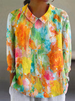 Artistic Watercolor Palette Print Peter Pan Collar Cotton-Linen Blouse