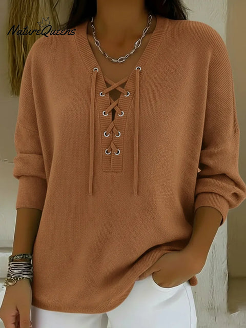 Casual V-neck Tie-front Pullover Sweater