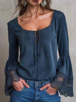 Bohemian Patchwork Lace-trimmed U-neck Cotton Shirt
