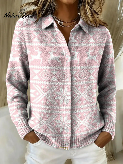 Women's Christmas Pink Printed Collared Sweater