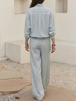 Striped Linen-cotton Rerlaxed Shirt & Wide-leg Pants Setstriped Linen-cotton Relaxed Shirt & Wide-leg Pants Set – Minimal Stand Collar Lounge Suit