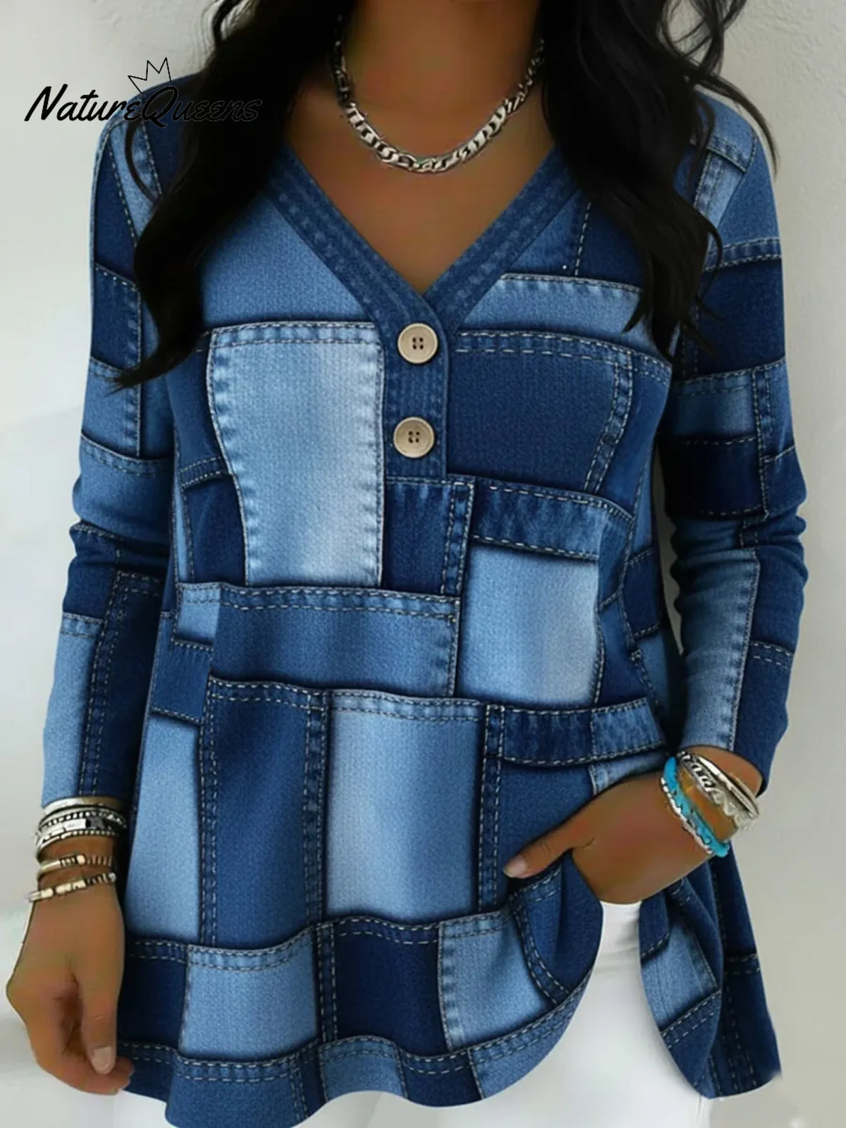 Artistic Patchwork Print V-neck Button-up Pullover Top