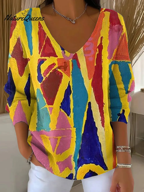 Women's Geometric Pattern Art Print Casual V-Neck Sweater