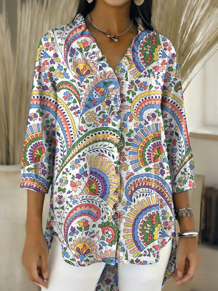 Women's Retro Gradient Flowers Floral Art Casual Denim V-neck Ruffled Shirt