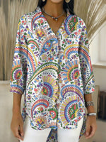 Women's Retro Gradient Flowers Floral Art Casual Denim V-neck Ruffled Shirt