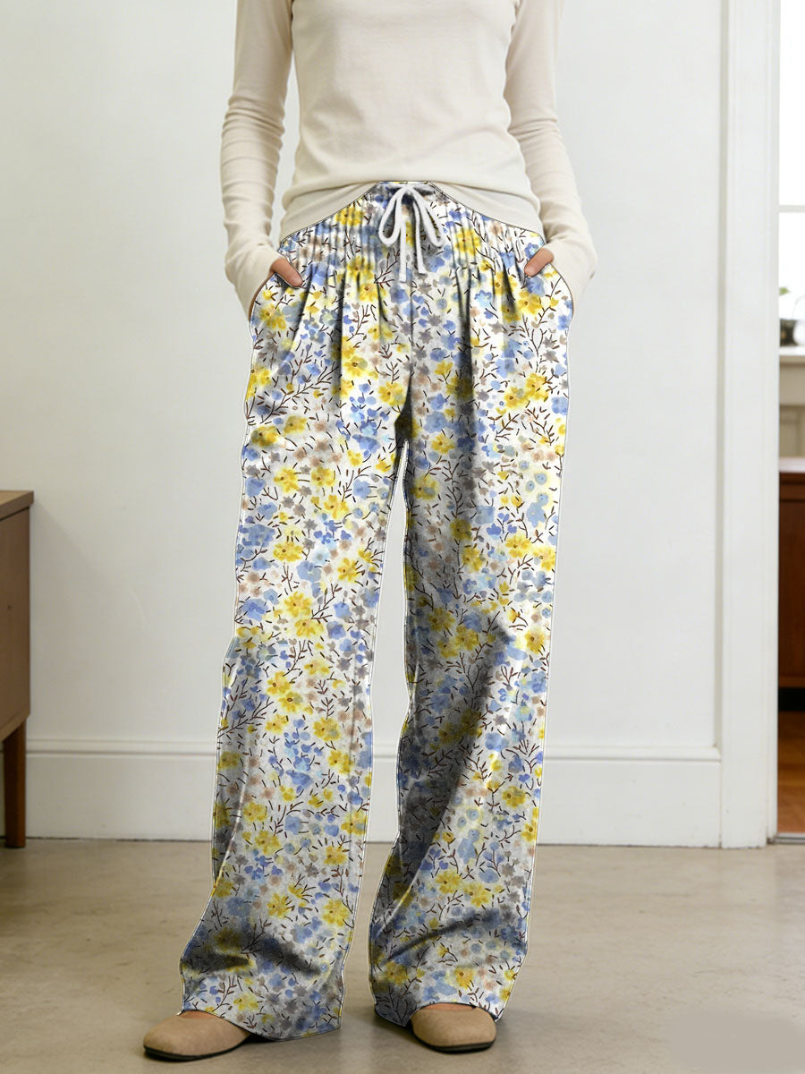 Floral Decorative Patterns Women's Casual Side Pockets Pants