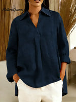 Women's Solid Color V-neck Long-sleeved Casual Loose Cotton And Linen Top