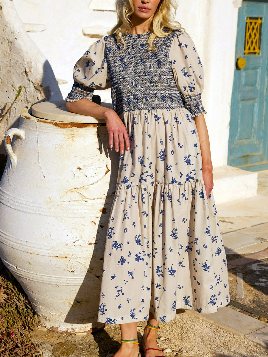 Women's Retro Floral Pattern Art Print Casual Cotton Linen Dress