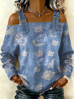 Women‘s Lovely Cats Pattern Art Print Casual Cotton Denim Shirt