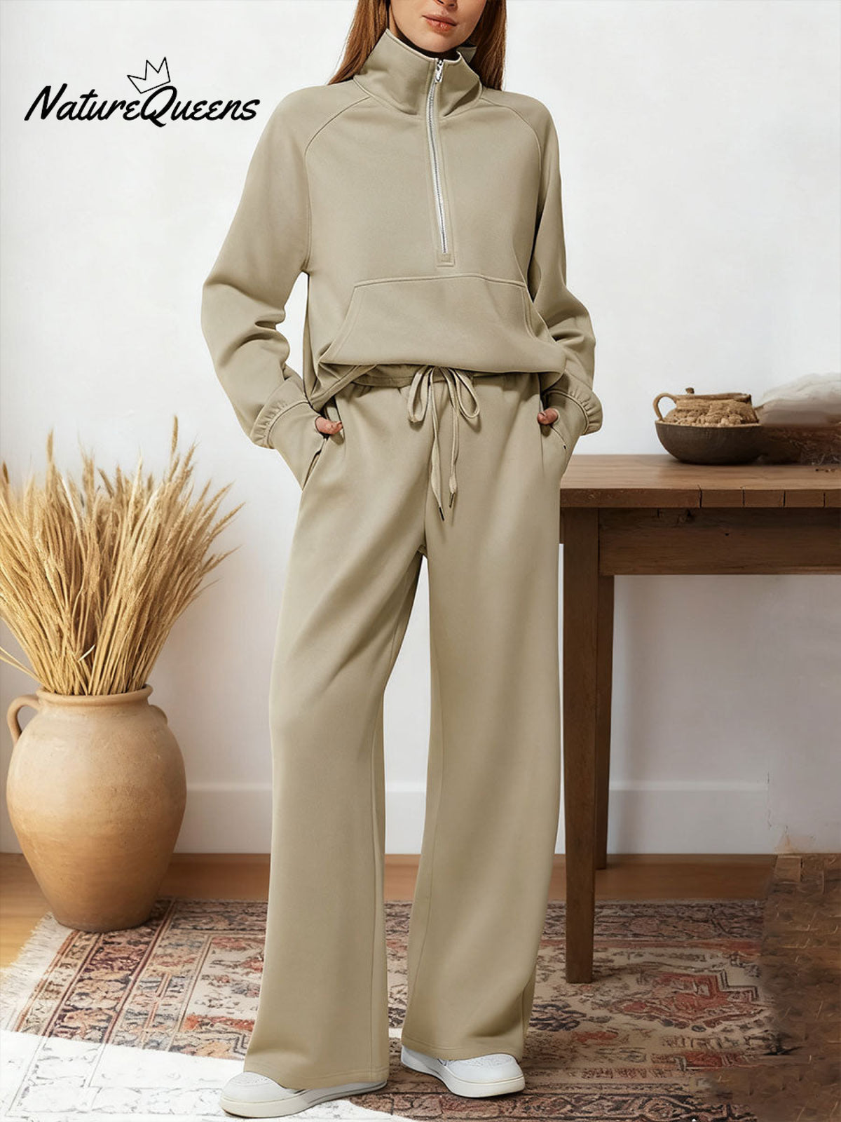 Women's Two-piece Set Half-zip Sweatshirt Wide-leg Pants Casual Suit.