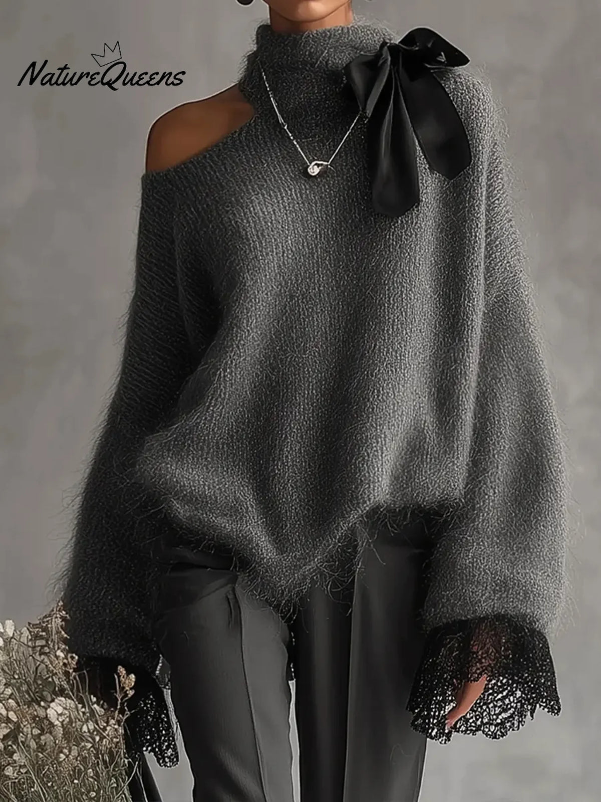 Women's Solid Color Stand-collar Long-sleeved Casual Loose Off-the-shoulder Sweater