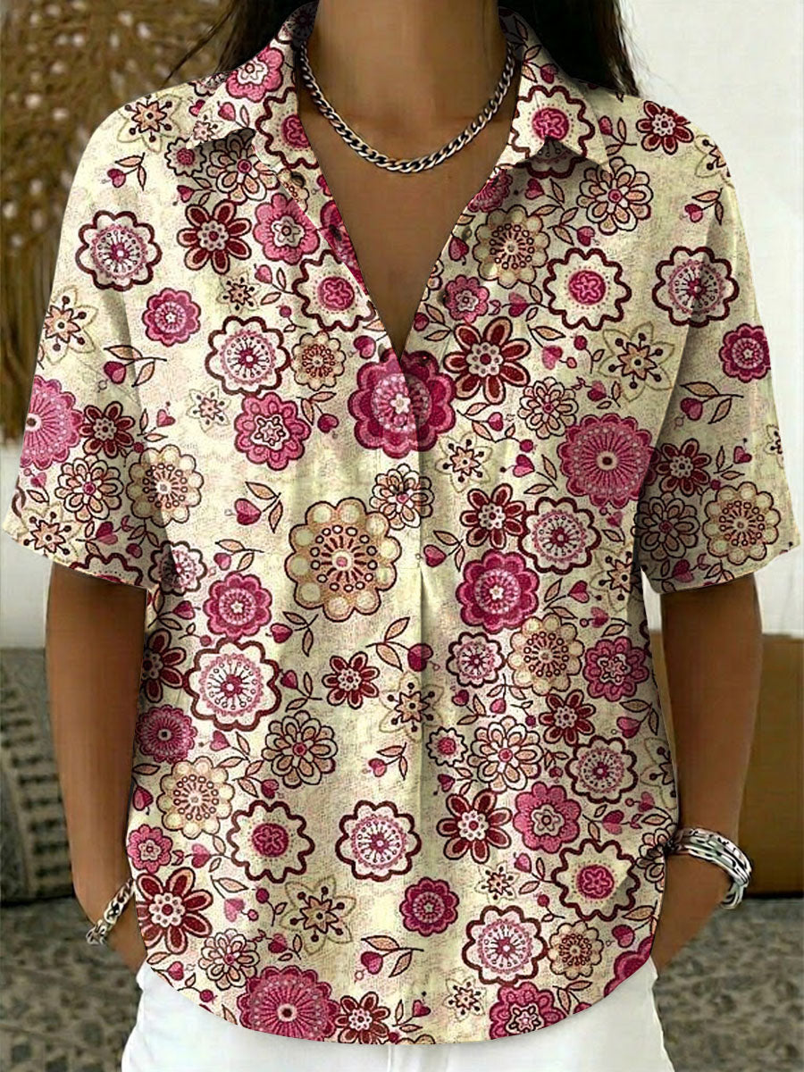Women's Retro Flower Print Casual Cotton-linen Shirt