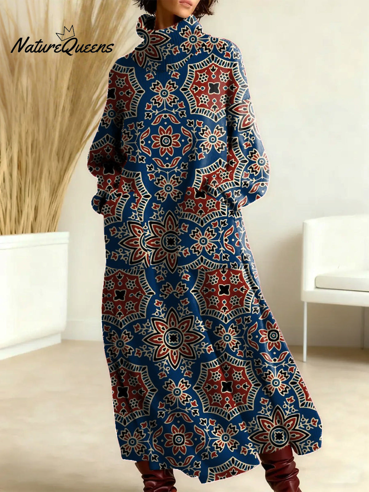 Women's Vintage Symmetrical Flowers Pattern Art Print Casual Cotton Knitted Dress